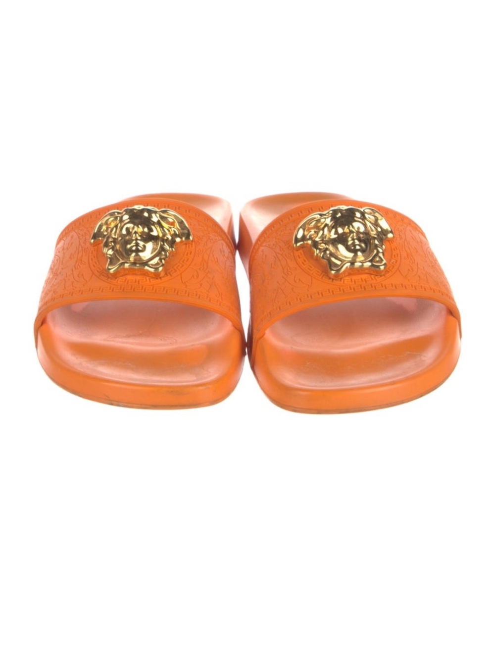 Versace Orange Slides with Gold Medusa Emblem